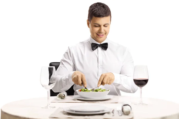 Young Elegant Man Eating Salad Restaurant Isolated White Background — Stock Photo, Image