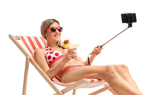 Young Woman Deck Chair Holding Cocktail Taking Selfie Isolated White — Stock Photo, Image