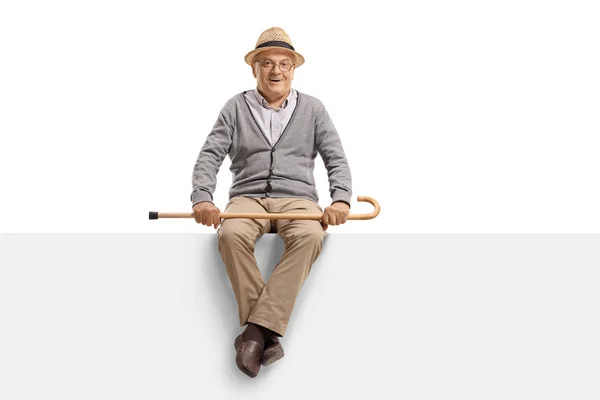 Full Length Portrait Senior Man Sitting Blank Billboard Panel Holding — Stock Photo, Image