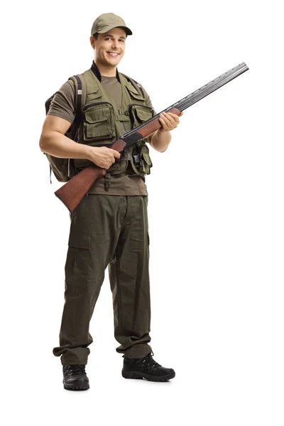 Retrato Completo Cazador Posando Con Una Escopeta Aislada Sobre Fondo — Foto de Stock