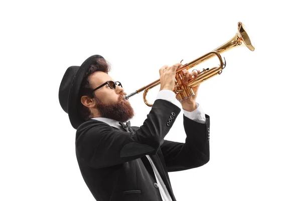 Mann Spielt Eine Trompete Isoliert Auf Weißem Hintergrund — Stockfoto