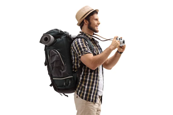 Young Male Tourist Backpack Camera Isolated White Background — Stock Photo, Image