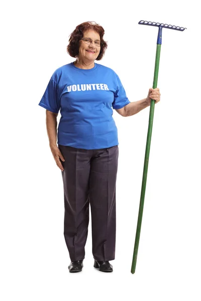 一位老年妇女志愿者的全长肖像与在白色背景上被隔绝的 Rake — 图库照片