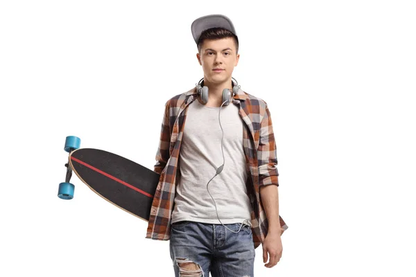 Trendy Tiener Schaatser Met Een Longboard Geïsoleerd Witte Achtergrond — Stockfoto