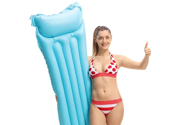 Young Woman Bikini Air Mattress Making Thumb Sign Isolated White — Stock Photo, Image