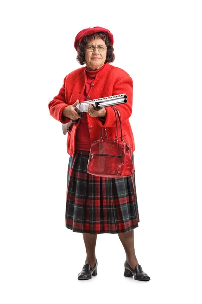 Retrato Cuerpo Entero Una Anciana Gruñona Con Una Escopeta Aislada — Foto de Stock