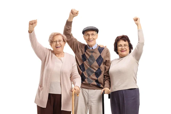 Alegre Seniors Sosteniendo Sus Manos Hacia Arriba Aislado Sobre Fondo —  Fotos de Stock