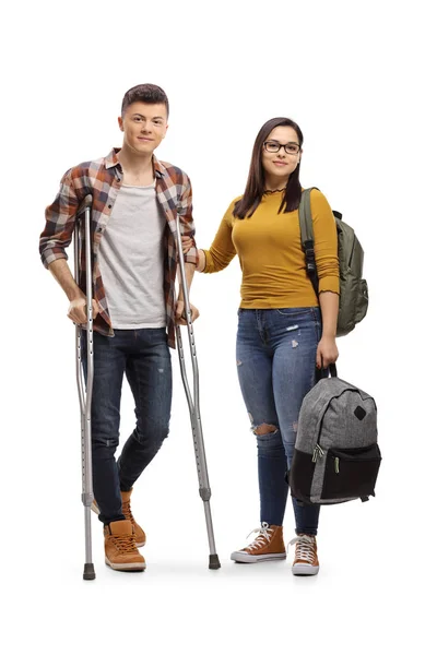 Full Length Portret Van Een Mannelijke Student Met Krukken Een — Stockfoto