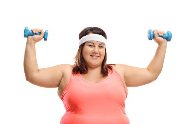 Corpulent woman exercising with dumbbells isolated on white background