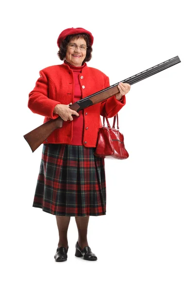 Full Length Portrait Senior Lady Smiling Holding Shotgun Isolated White — Stock Photo, Image