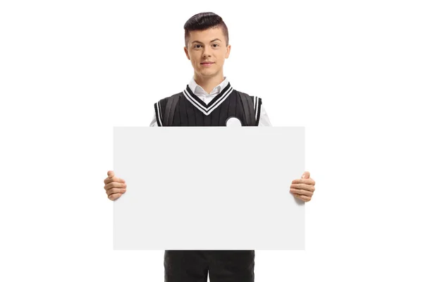 Male Student Holding Blank Signboard Isolated White Background — Stock Photo, Image