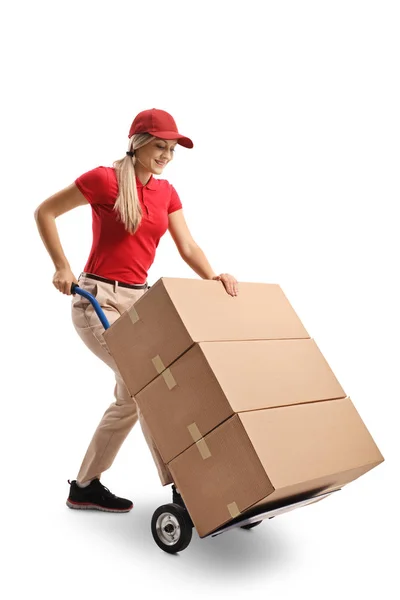 Female Worker Pushing Hand Truck Loaded Boxes Isolated White Background — Stock Photo, Image