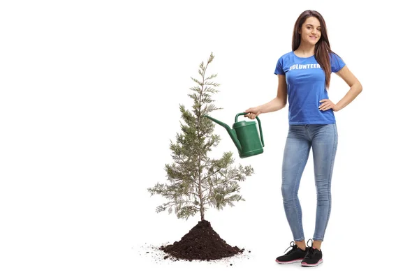 Ganzkörperporträt Einer Jungen Frau Die Freiwillig Wasser Einem Baum Gießt — Stockfoto