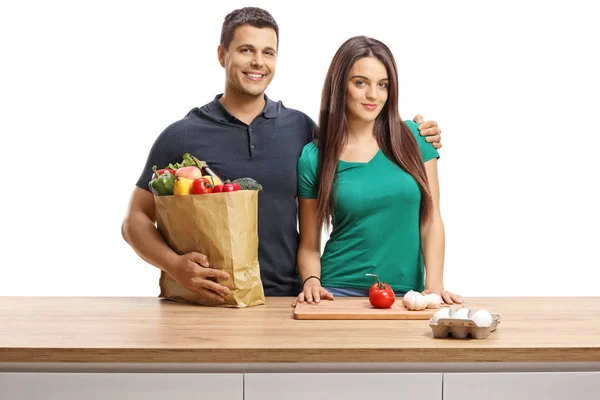 Young Cheerful Man Woman Groceries Standing Wooden Counter Isolated White — Stock Photo, Image