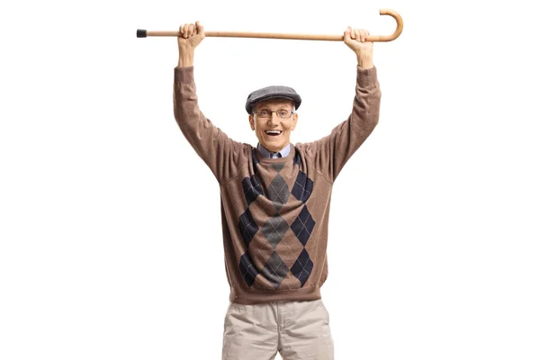 Счастливый Пожилой Человек Держит Трость Белом Фоне — стоковое фото