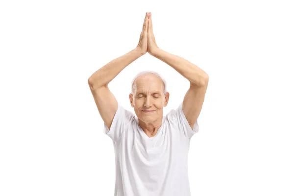 Homem Sênior Praticando Meditação Isolada Fundo Branco — Fotografia de Stock