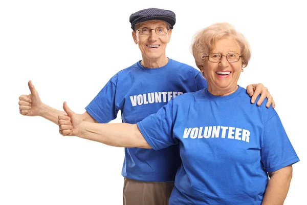 Oudere Mannelijke Vrouwelijke Vrijwilligers Geven Thumbs Geïsoleerd Witte Achtergrond — Stockfoto