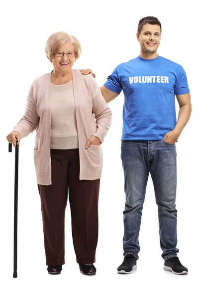 Full Length Portrait Young Male Volunteer Helping Elderly Woman Walking — Stock Photo, Image