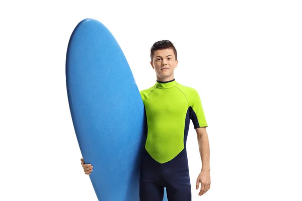 Male Teenage Surfer Suit Surfboard Isolated White Background — Stock Photo, Image