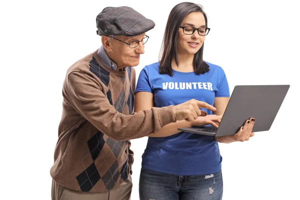 Young Female Volunteer Helping Elderly Man Laptop Computer Isolated White — Stock Photo, Image