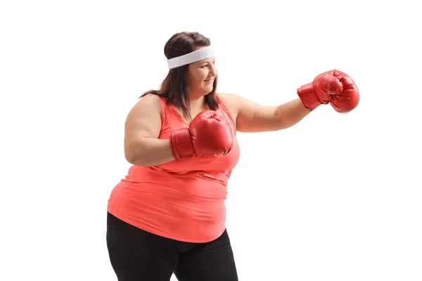 Chubby Kobieta Ćwiczy Boks Białym Tle — Zdjęcie stockowe