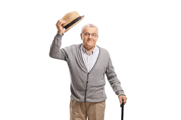 Старший Мужчина Приветствие Шляпу Изолированы Белом Фоне — стоковое фото