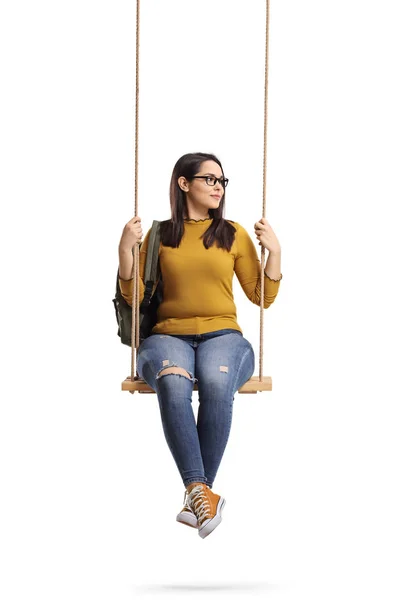 Estudante Feminina Balanço Olhando Para Longe Isolado Fundo Branco — Fotografia de Stock