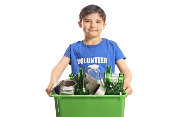 Niño Voluntario Sosteniendo Una Caja Con Botellas Reciclaje Latas Aisladas —  Fotos de Stock