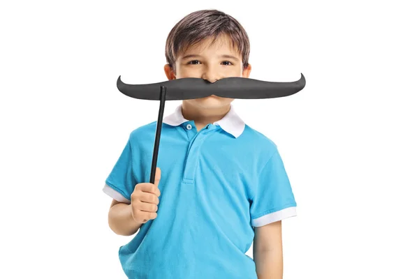 Drôle Petit Garçon Tenant Moustache Sur Bâton Sur Son Visage — Photo