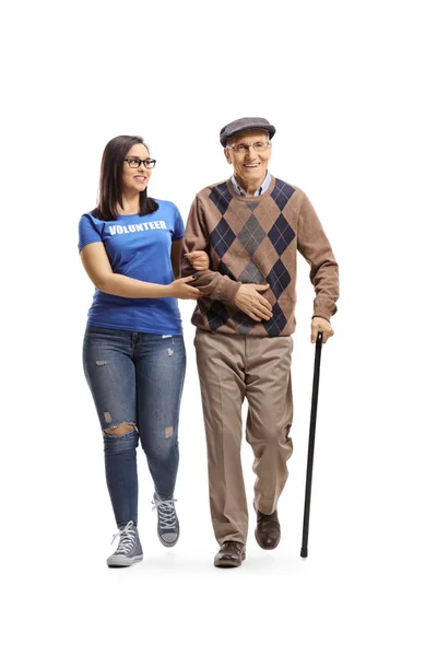 Full Length Portrait Young Female Volunteer Helping Elderly Man Cane — Stock Photo, Image