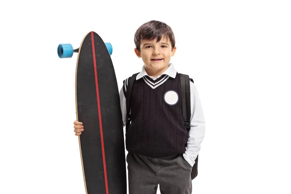 Schoolboy Segurando Longboard Isolado Fundo Branco — Fotografia de Stock