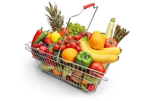 Different Fruits Vegetables Shopping Basket Isolated White Background — Stock Photo, Image