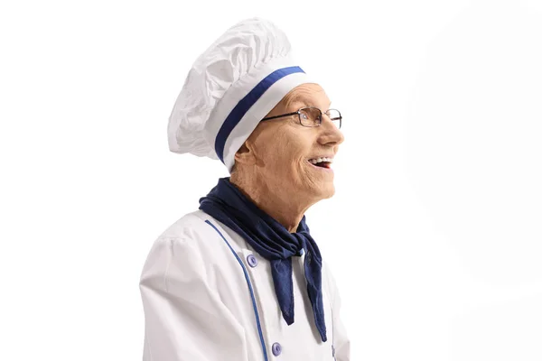 Anziano Chef Uniforme Sorridente Isolato Sfondo Bianco — Foto Stock