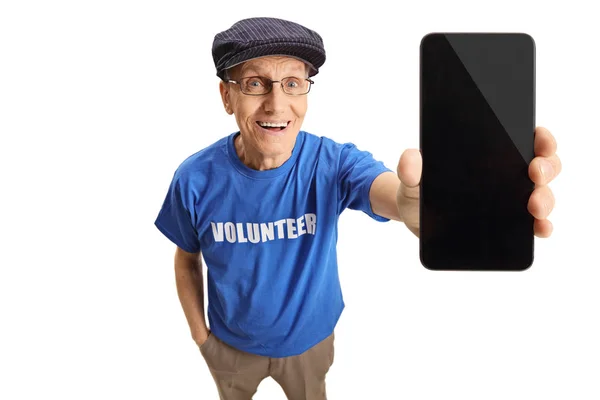 Elderly Man Volunteer Showing Smartphone Isolated White Background — Stock Photo, Image