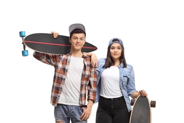 Férfi Női Tizenéves Korcsolyázó Longboards Elszigetelt Fehér Háttér — Stock Fotó