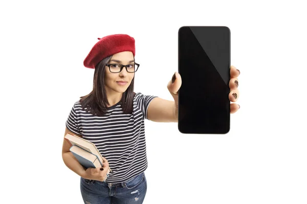 Jonge Vrouwelijke Holding Boeken Een Smartphone Geïsoleerd Witte Achtergrond — Stockfoto