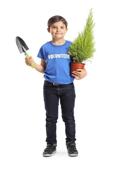 Full Length Portrait Little Boy Volunteer Holding Plant Spade Isolated — Stock Photo, Image