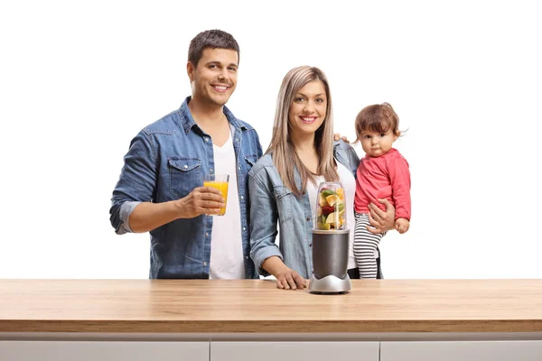 Mother Father Baby Posing Wooden Counter Fruits Blender Isolated White — Stock Photo, Image