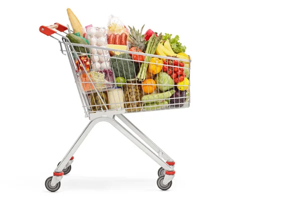 Carrinho Compras Com Produtos Alimentares Isolados Sobre Fundo Branco — Fotografia de Stock