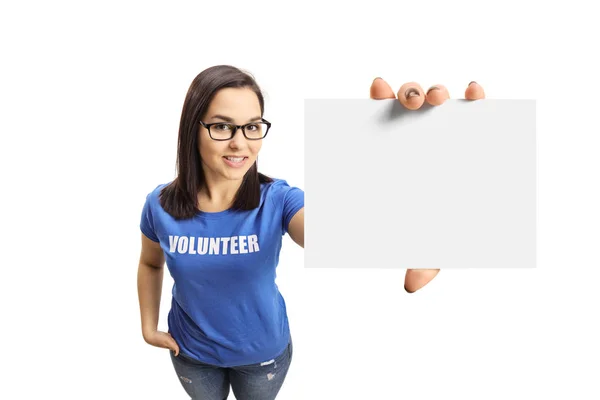 Young Woman Volunteer Blank Card Isolated White Background — Stock Photo, Image