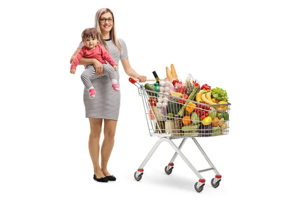 Retrato Comprimento Total Uma Mãe Com Bebê Carrinho Compras Com — Fotografia de Stock