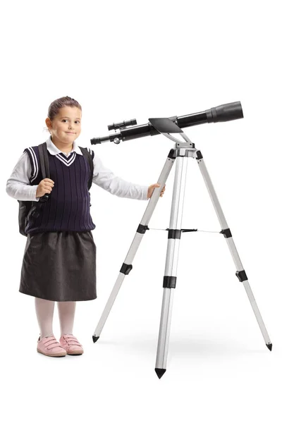 Full Length Portrait Little Girl School Uniform Telescope Isolated White — Stock Photo, Image