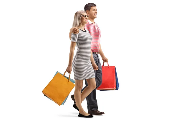 Full Length Shot Young Couple Walking Shopping Bags Isolated White — Stock Photo, Image