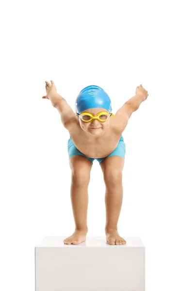 Little Boy Swimmer Cap Googles Preparing Jump Swim Isolated White — Stock Photo, Image