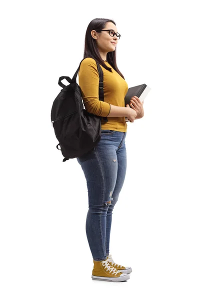 Scatto Completo Una Studentessa Piedi Con Libri Isolati Sfondo Bianco — Foto Stock