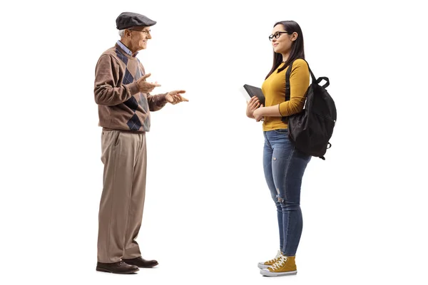 Scatto Completo Uomo Anziano Che Parla Con Una Studentessa Isolata — Foto Stock