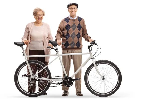 Retrato Comprimento Total Homem Sênior Mulher Com Uma Bicicleta Tandem — Fotografia de Stock