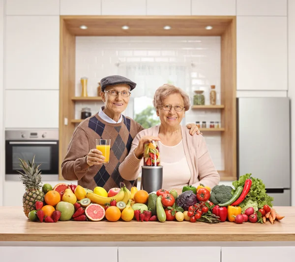 Elderly Husband Wife Pile Fruits Vegetables Blender Kitchen — Stock Photo, Image