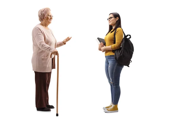 Full Length Profile Shot Senior Woman Female Student Standing Talking — Stock Photo, Image