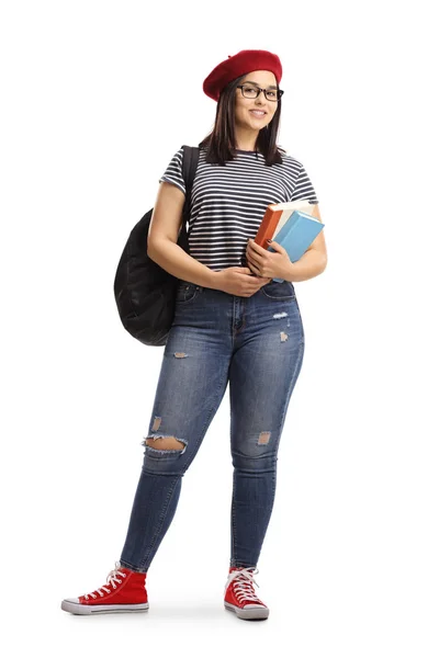 Retrato Completo Una Estudiante Posando Con Libros Sus Manos Aisladas — Foto de Stock